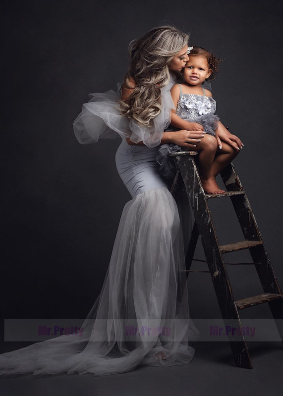 Off Shoulder Grey Jersey Tulle Maternity Dress