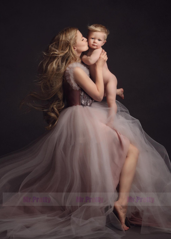 Blush Lace Tulle Side Slit Maternity Dress