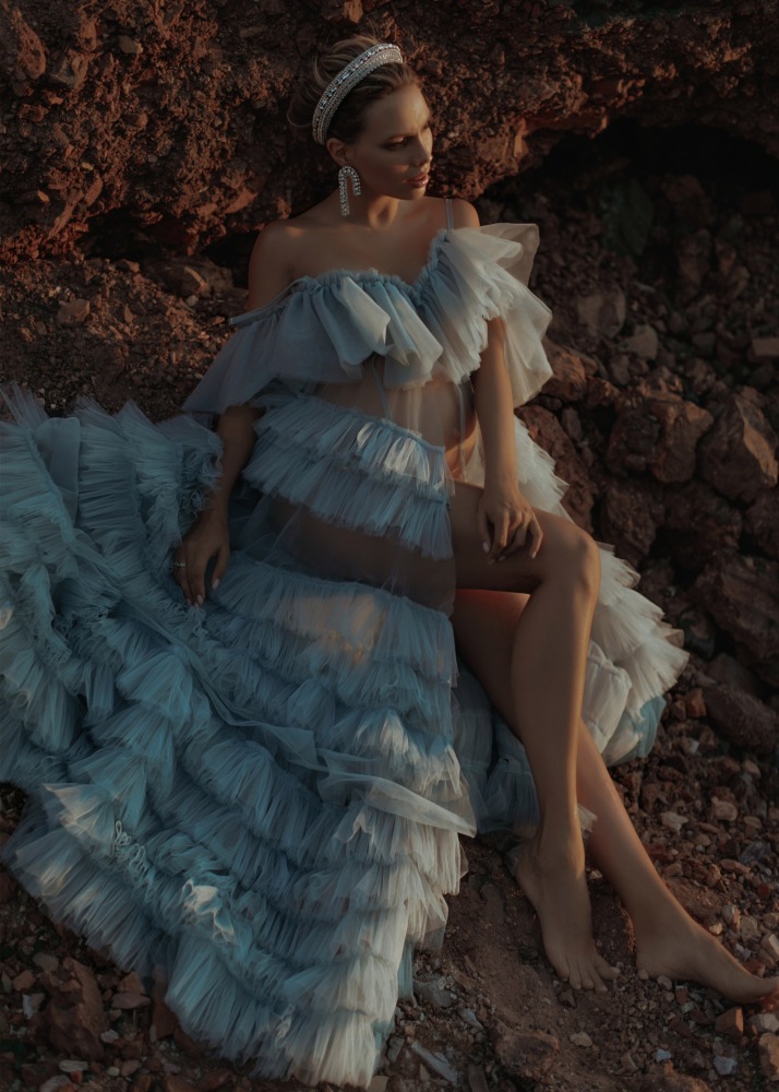 Light Blue Tulle Ruffled Maternity Dress