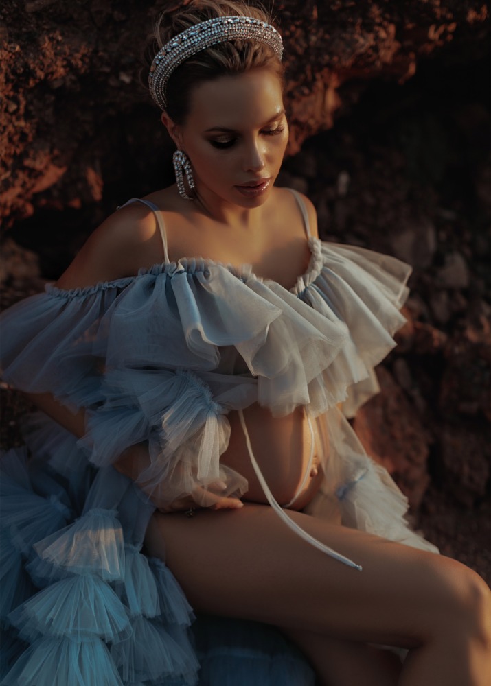 Light Blue Tulle Ruffled Maternity Dress