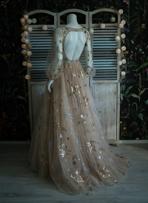Beige Slit Star Sequin Wedding Dress