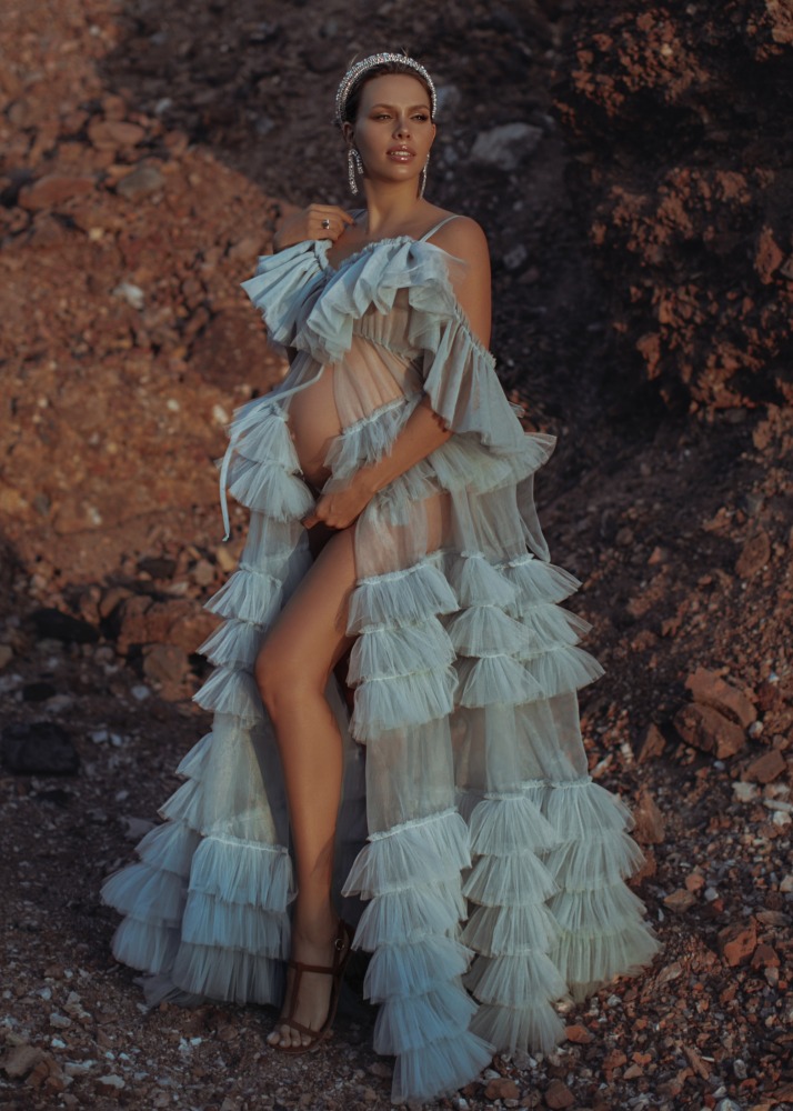 Light Blue Tulle Ruffled Maternity Dress