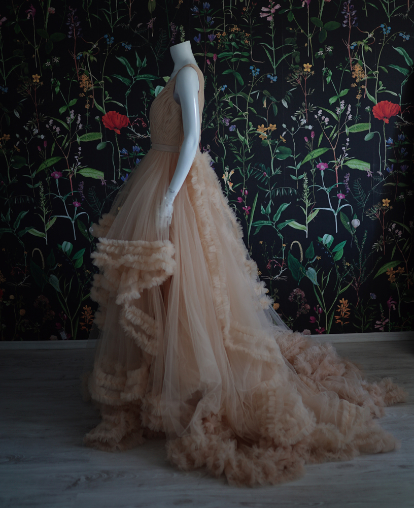 Beige Ruched Ruffled Tulle V Neck Wedding Dress