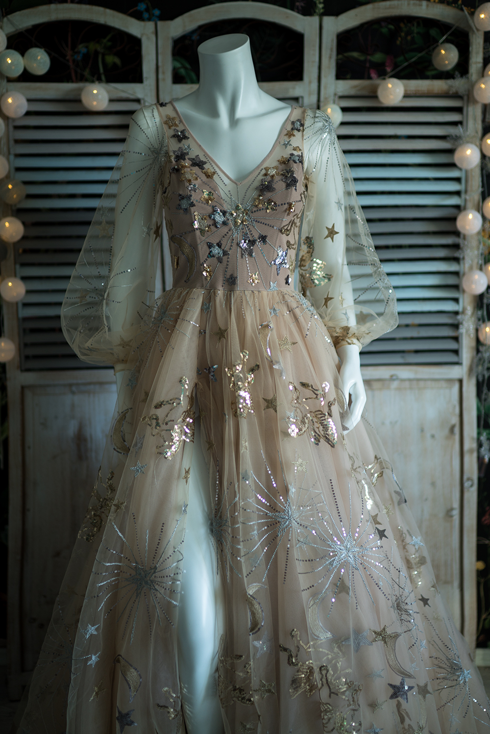 Beige Slit Star Sequin Wedding Dress