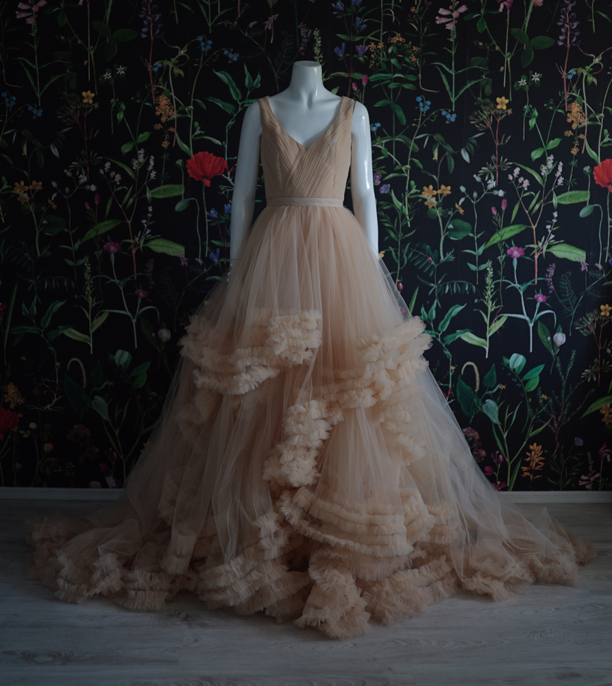 Beige Ruched Ruffled Tulle V Neck Wedding Dress