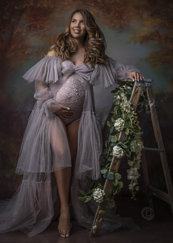 Long Sleeves Grey Tulle Maternity Dress