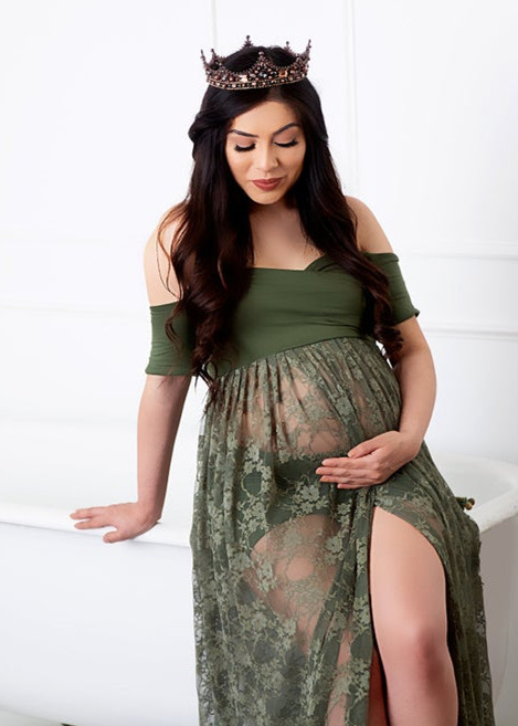 Green Jersey Lace Slit Maternity Dress
