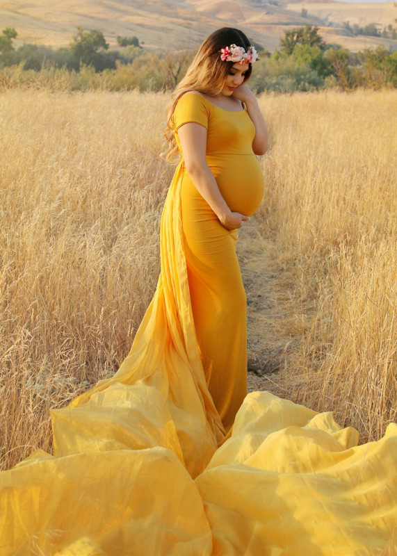 Off Shoulder Gold Jersey Maternity Dress