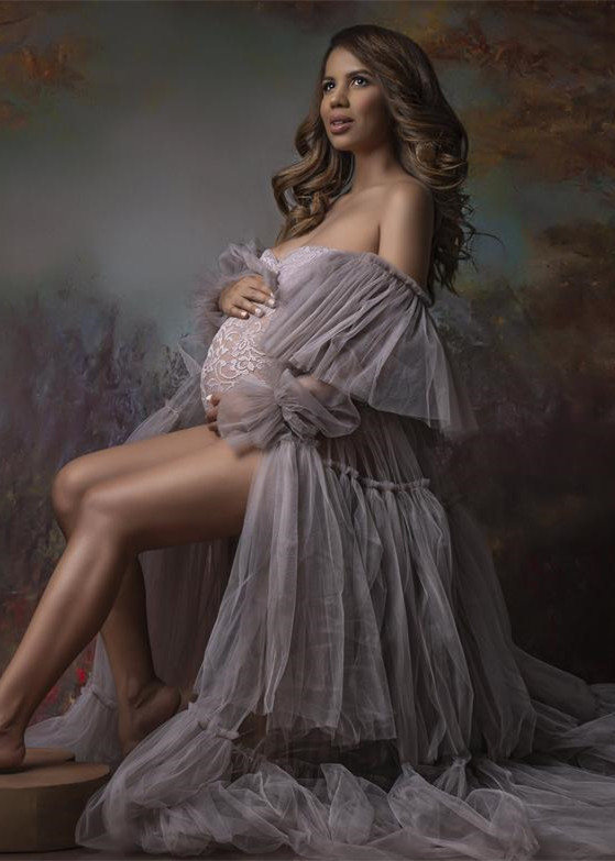 Long Sleeves Grey Tulle Maternity Dress