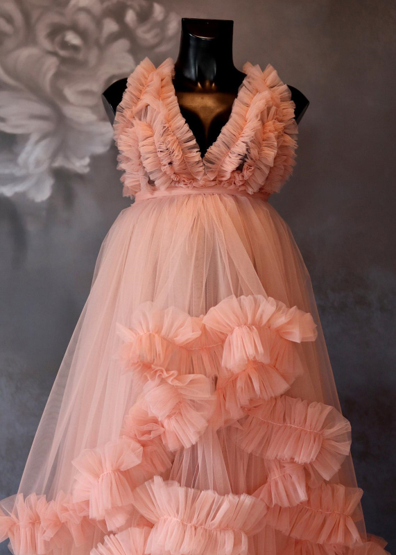 V Neck Peach Tulle Cloud Maternity Dress