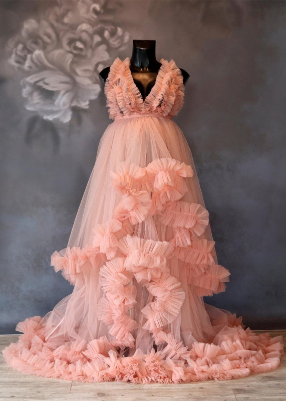 V Neck Peach Tulle Cloud Maternity Dress