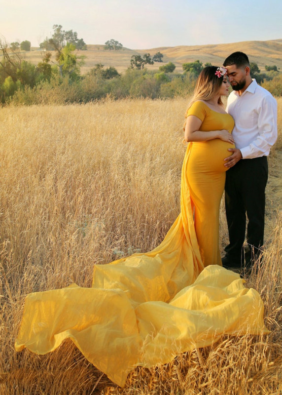 Off Shoulder Gold Jersey Maternity Dress