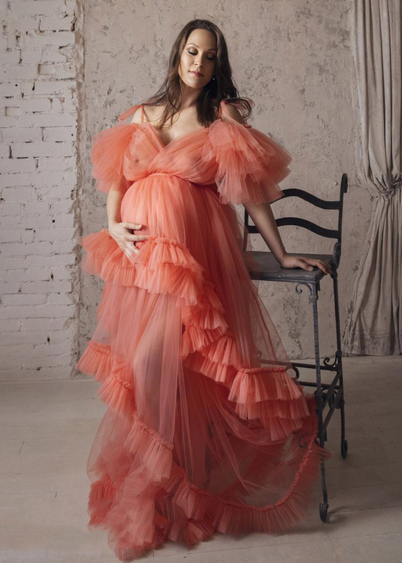 V Neck Orange Tulle Maternity Dress