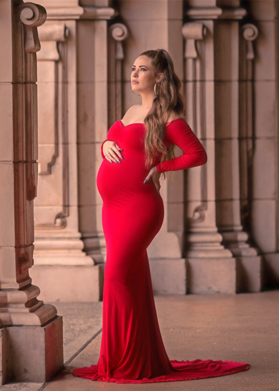 Long Sleeves Red Jersey Maternity Dress