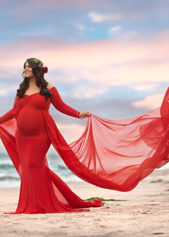 Long Sleeves Red Jersey Maternity Dress