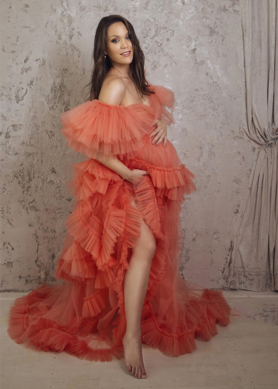 V Neck Orange Tulle Maternity Dress