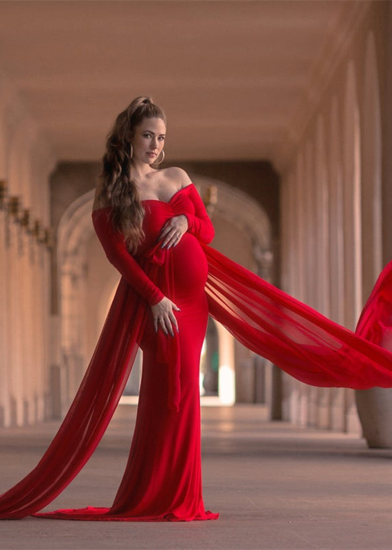 Long Sleeves Red Jersey Maternity Dress