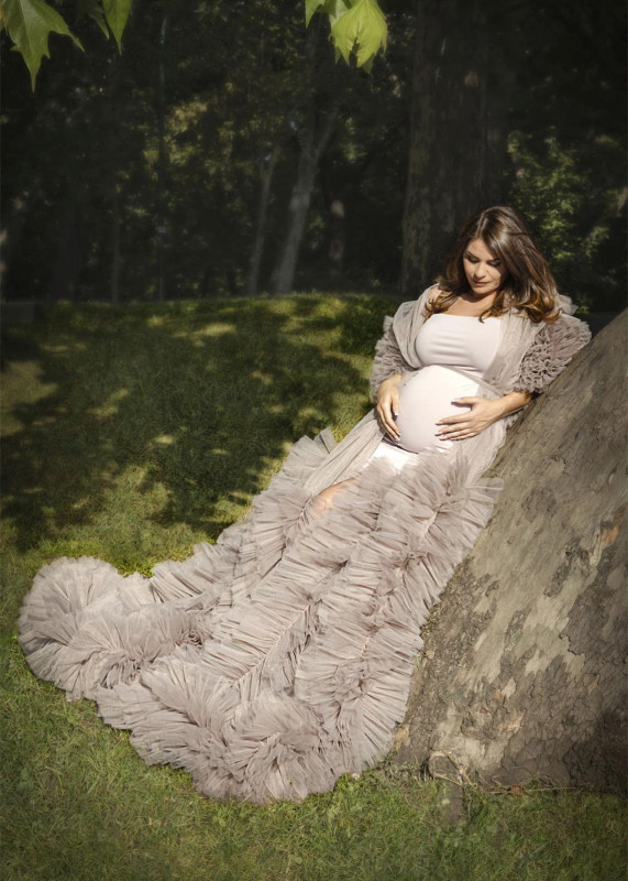 Grey Tulle Ruffled Maternity Dress Photoshoot Dress