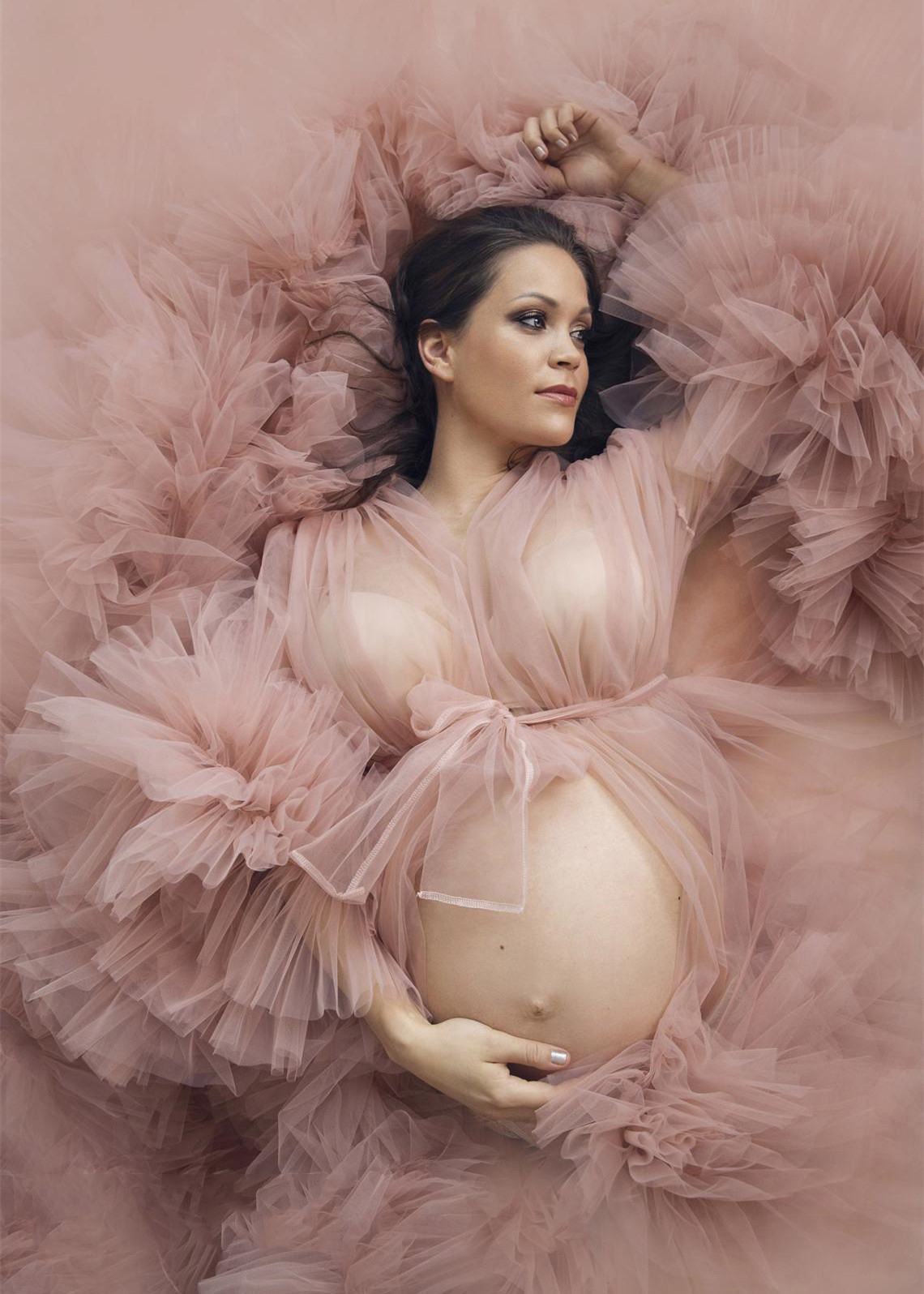 Ruffled Tulle Front Open Maternity Dress