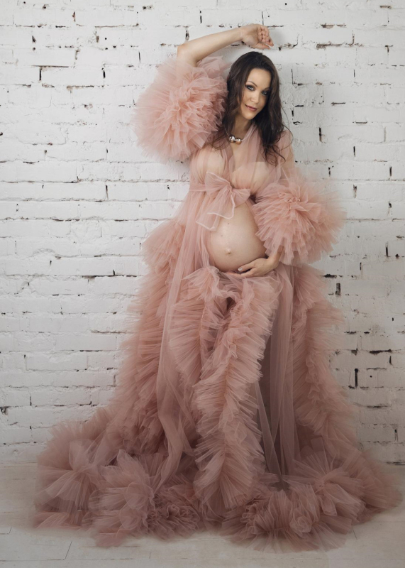 Ruffled Tulle Front Open Maternity Dress