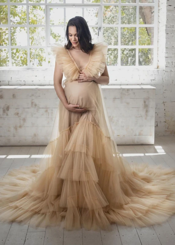 Flutter Sleeve Tulle Layered Maternity Dress