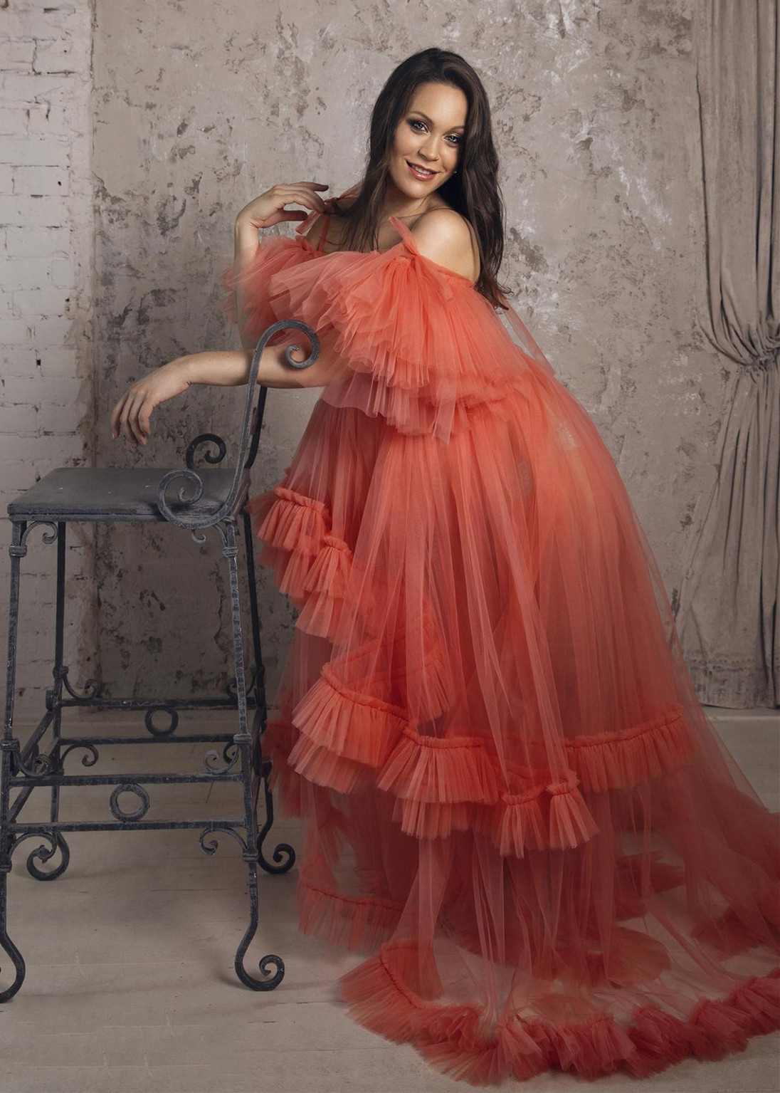 V Neck Orange Tulle Maternity Dress