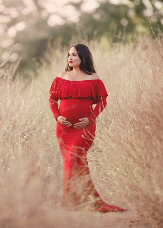 Off Shoulder Red Jersey Maternity Dress