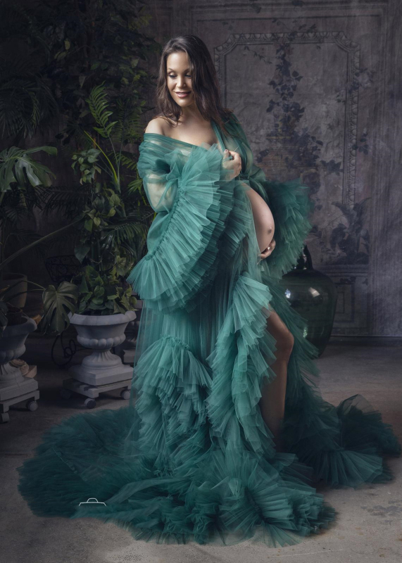 Emerald Green Ruffled Tulle Maternity Dress