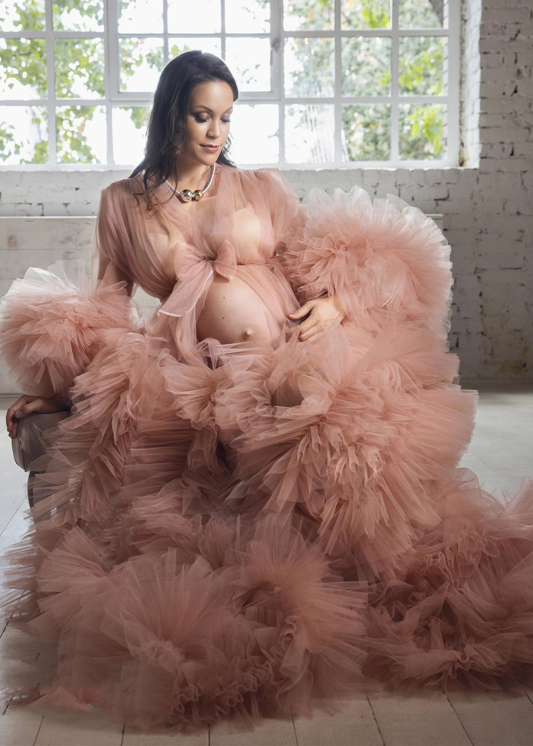 Ruffled Tulle Front Open Maternity Dress