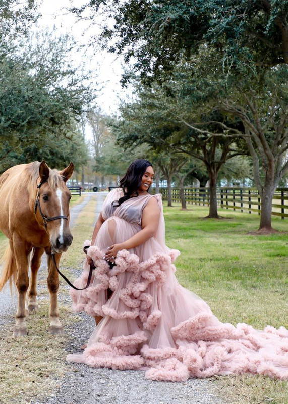 V Neck Mauve Tulle Clouds Maternity Dress