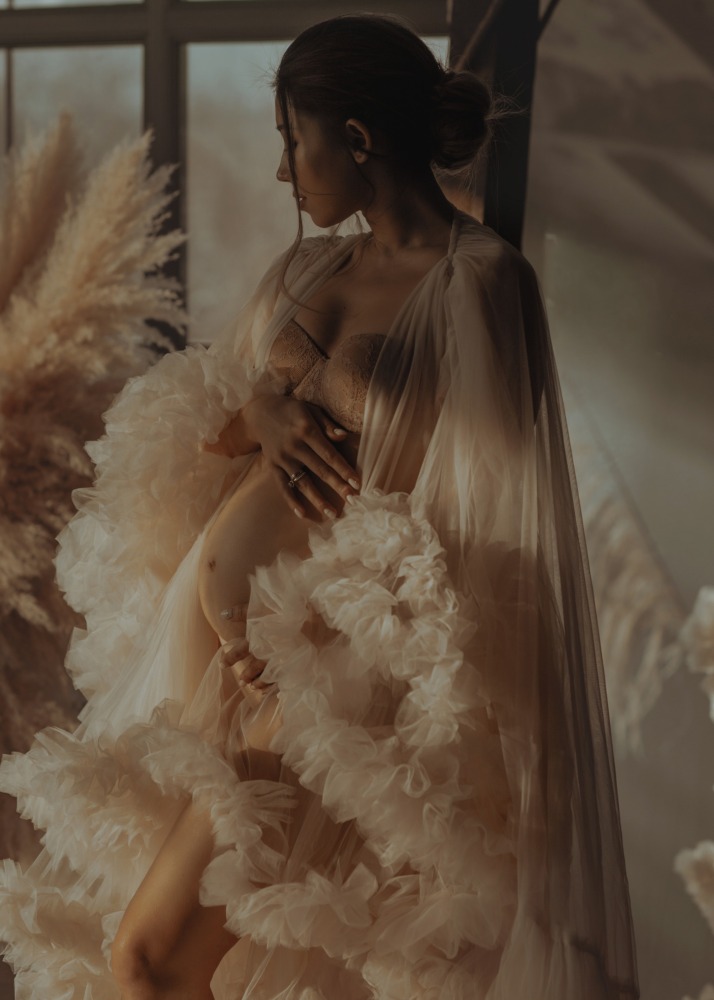 Champagne Ruffled Tulle Clouds Maternity Dress