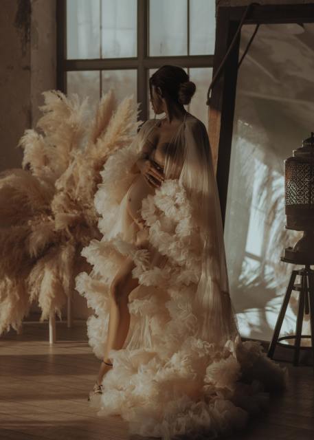 Champagne Ruffled Tulle Clouds Maternity Dress