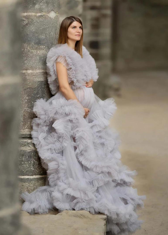 Grey Ruffled Tulle Cloud Maternity Dress