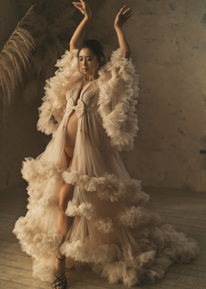Champagne Ruffled Tulle Clouds Maternity Dress