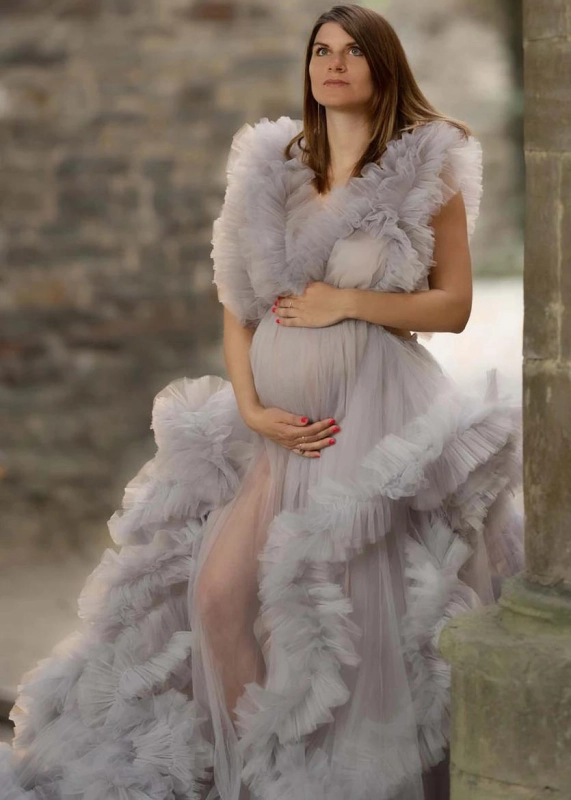 Grey Ruffled Tulle Cloud Maternity Dress