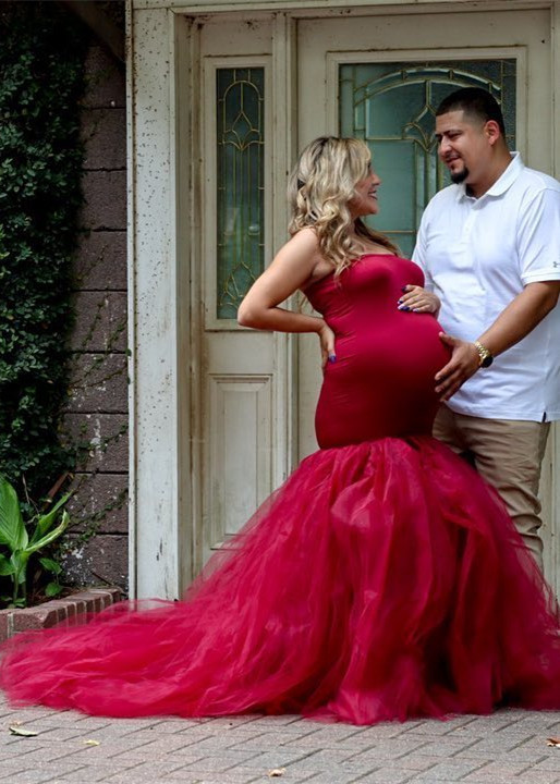 Strapless Burgundy Tulle Maternity Dress