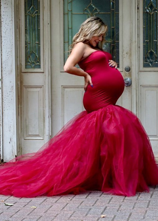 Strapless Burgundy Tulle Maternity Dress