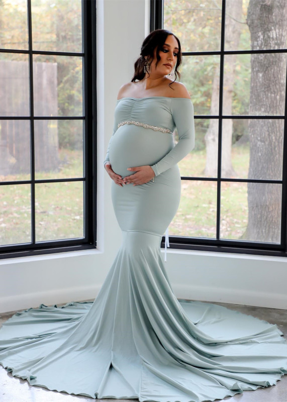 Off Shoulder Sage Jersey Maternity Dress