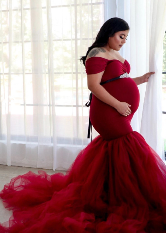 Burgundy Tulle Maternity Dress Photoshoot Dress