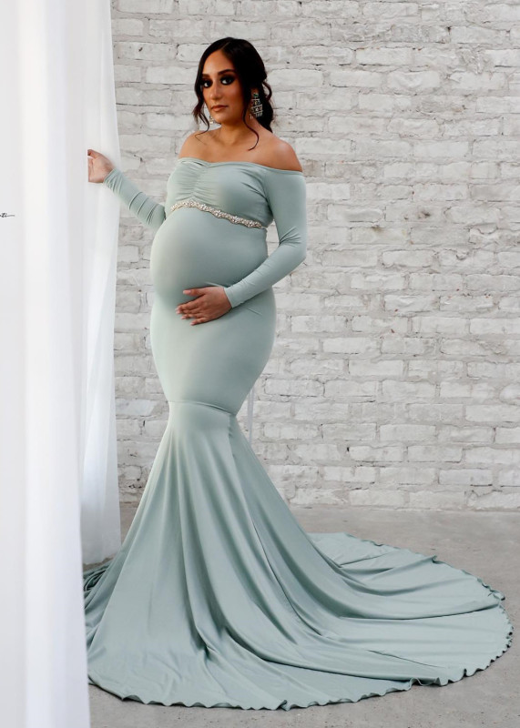 Off Shoulder Sage Jersey Maternity Dress