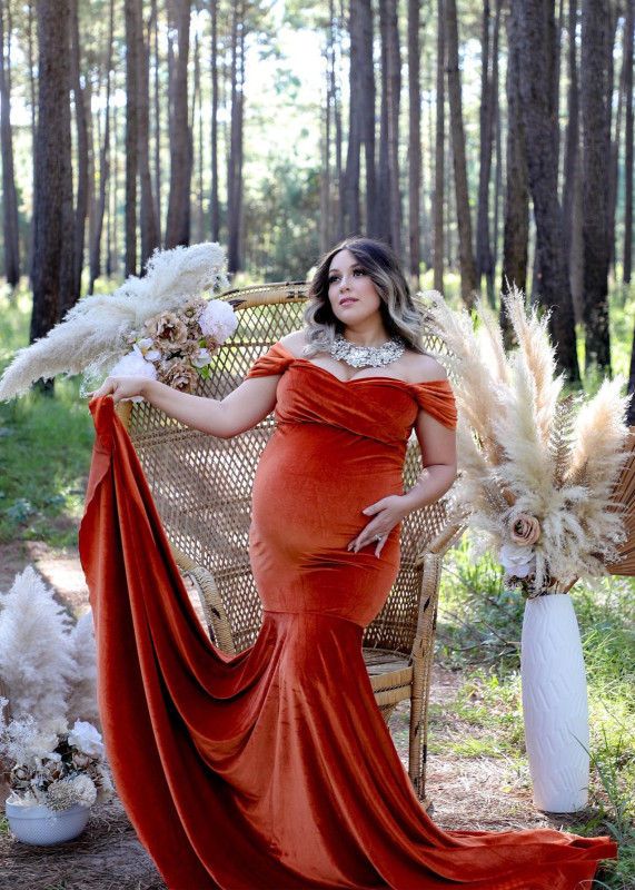 Burnt Orange Velvet Mermaid Maternity Dress