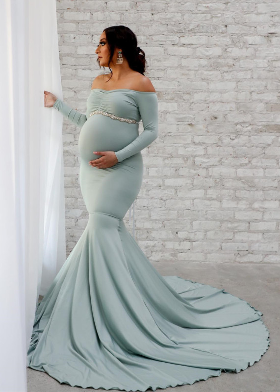 Off Shoulder Sage Jersey Maternity Dress