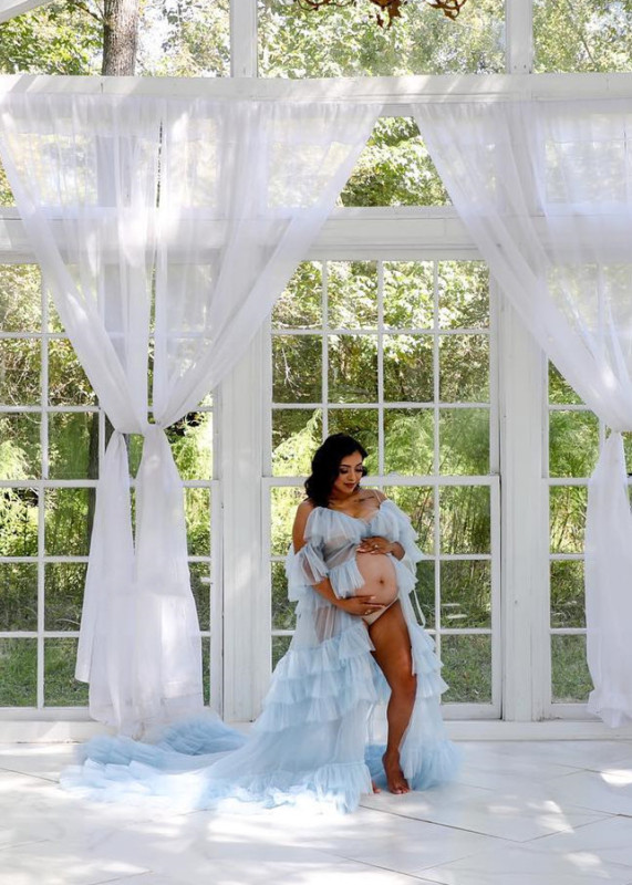 Cold Shoulder Light Blue Tulle Maternity Dress