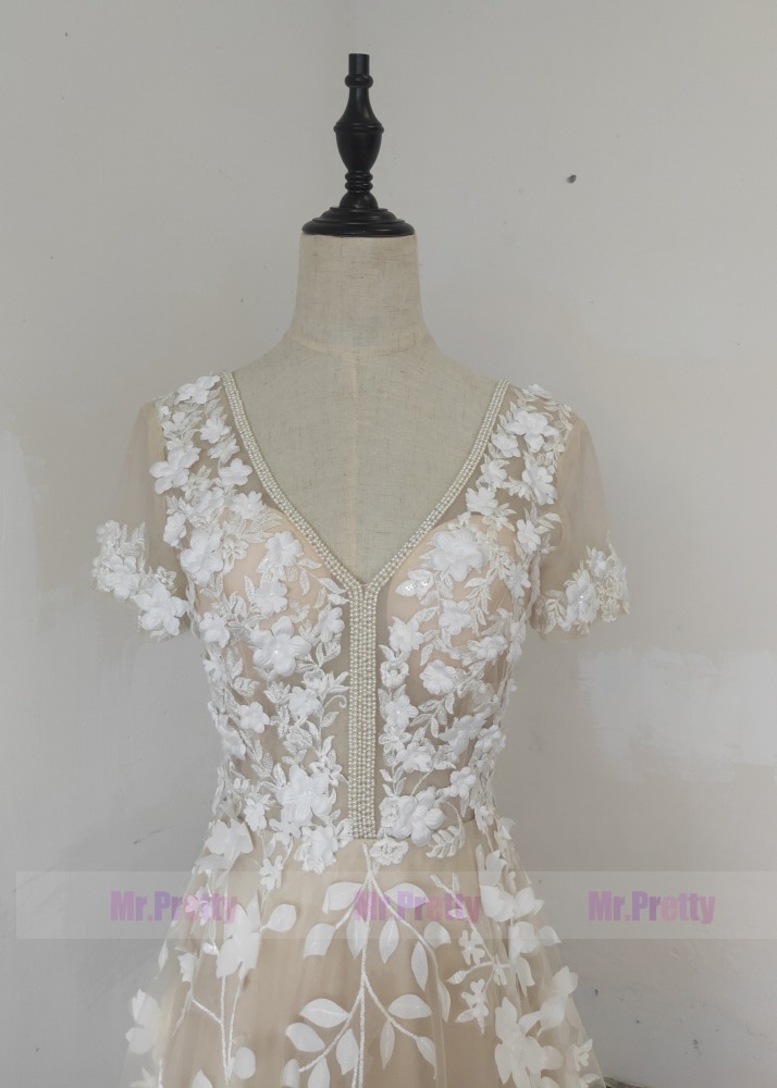 Ivory Floral Lace Light Champagne LIning Wedding Dress