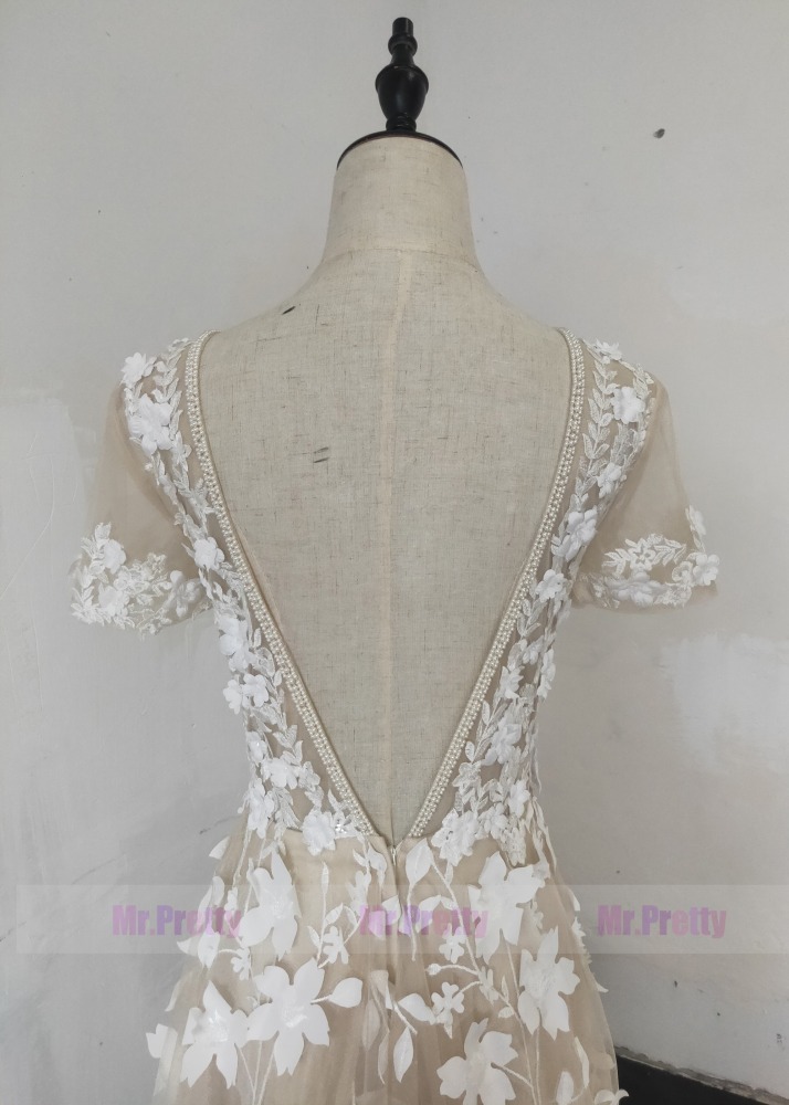 Ivory Floral Lace Light Champagne LIning Wedding Dress