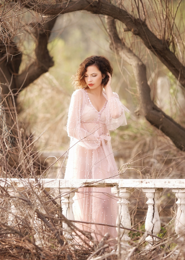 Light Pink Pearls V Neck Maternity Dress Photoshoot Dress