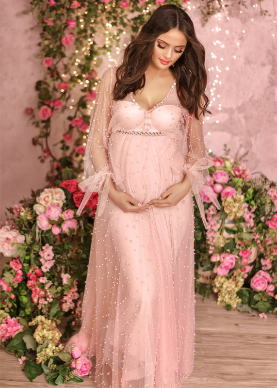 Light Pink Pearls V Neck Maternity Dress Photoshoot Dress