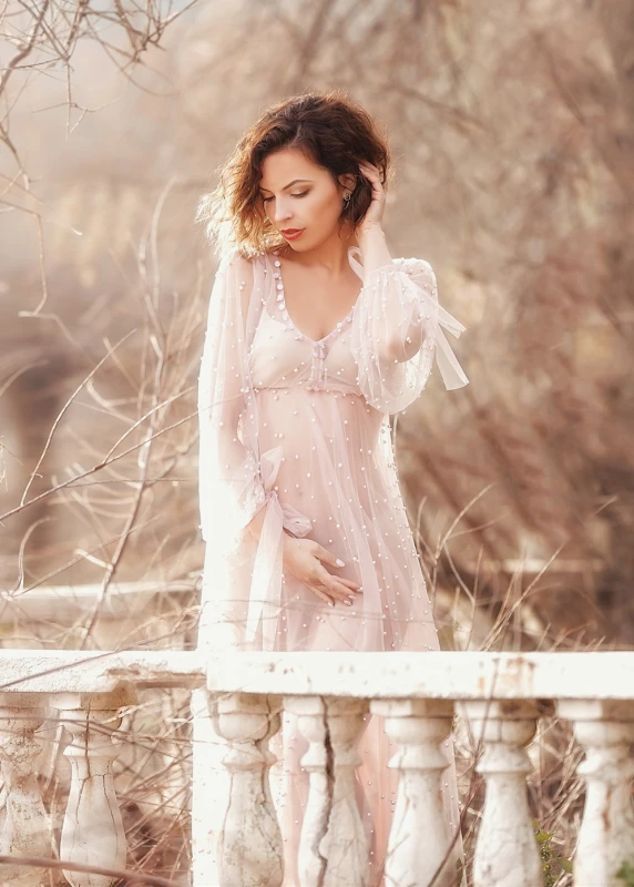 Light Pink Pearls V Neck Maternity Dress Photoshoot Dress