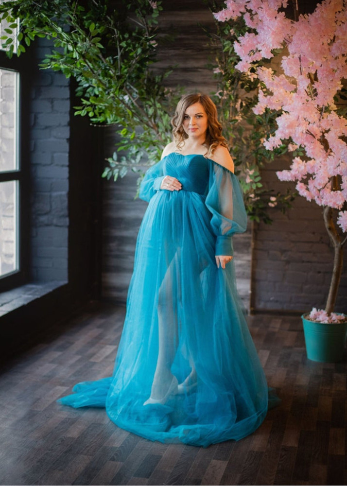 Teal Off Shoulder Tulle Slit Maternity Dress