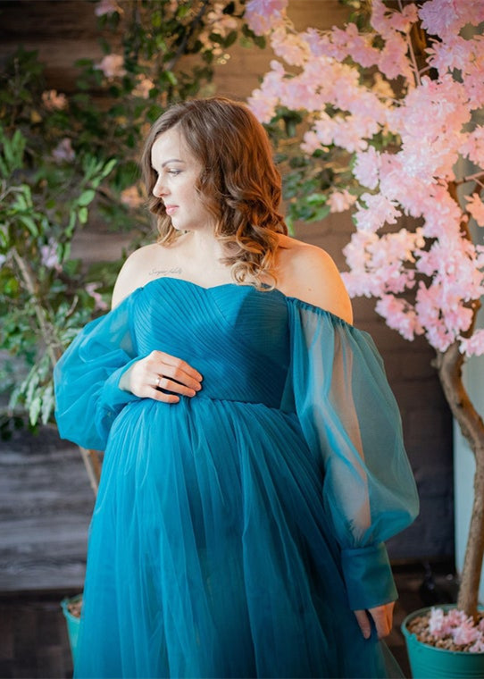 Teal Off Shoulder Tulle Slit Maternity Dress